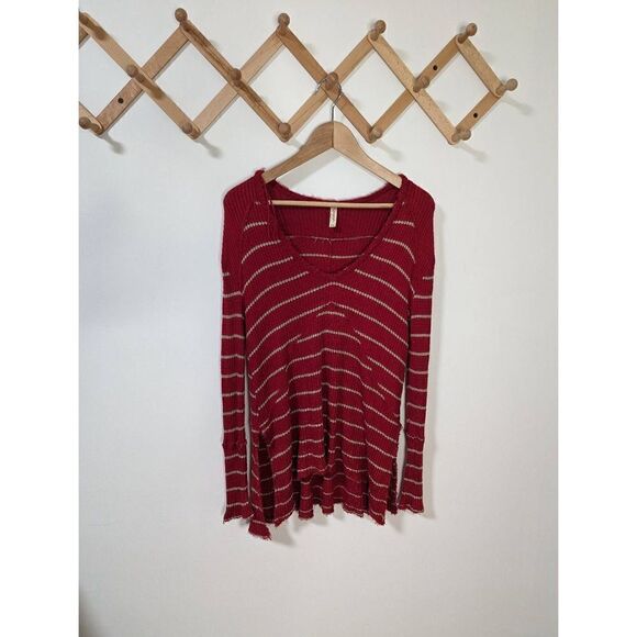 Free People Red Stripe Oversized Waffle Knit Thermal Long Sleeve Top - Size XS - Picture 1 of 7